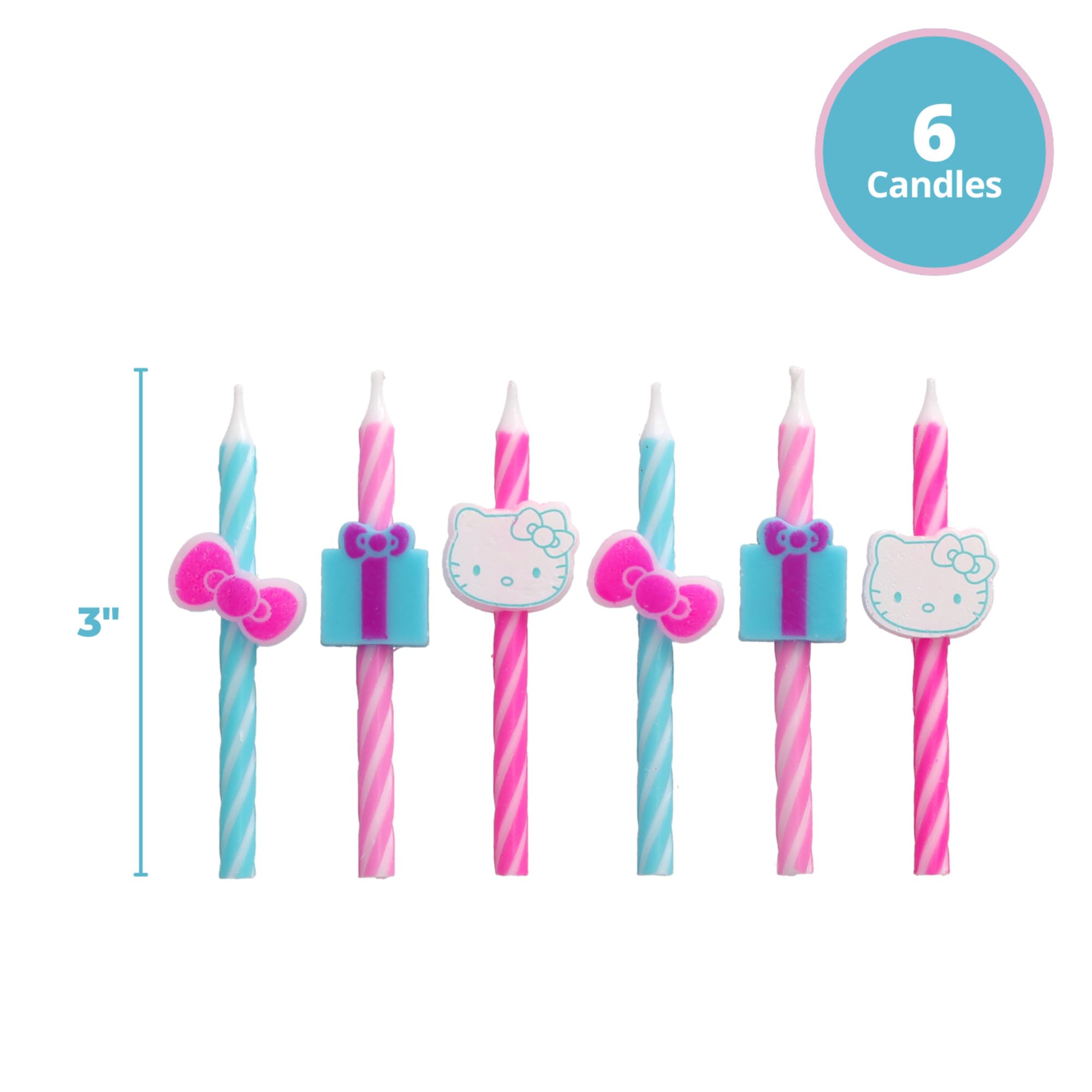 Hello Kitty® Birthday Cake Candles | 6 Birthday Candles for Cake Decorations, Pink & Blue Striped Candles, Cupcake Toppers for Hello Kitty® Party
