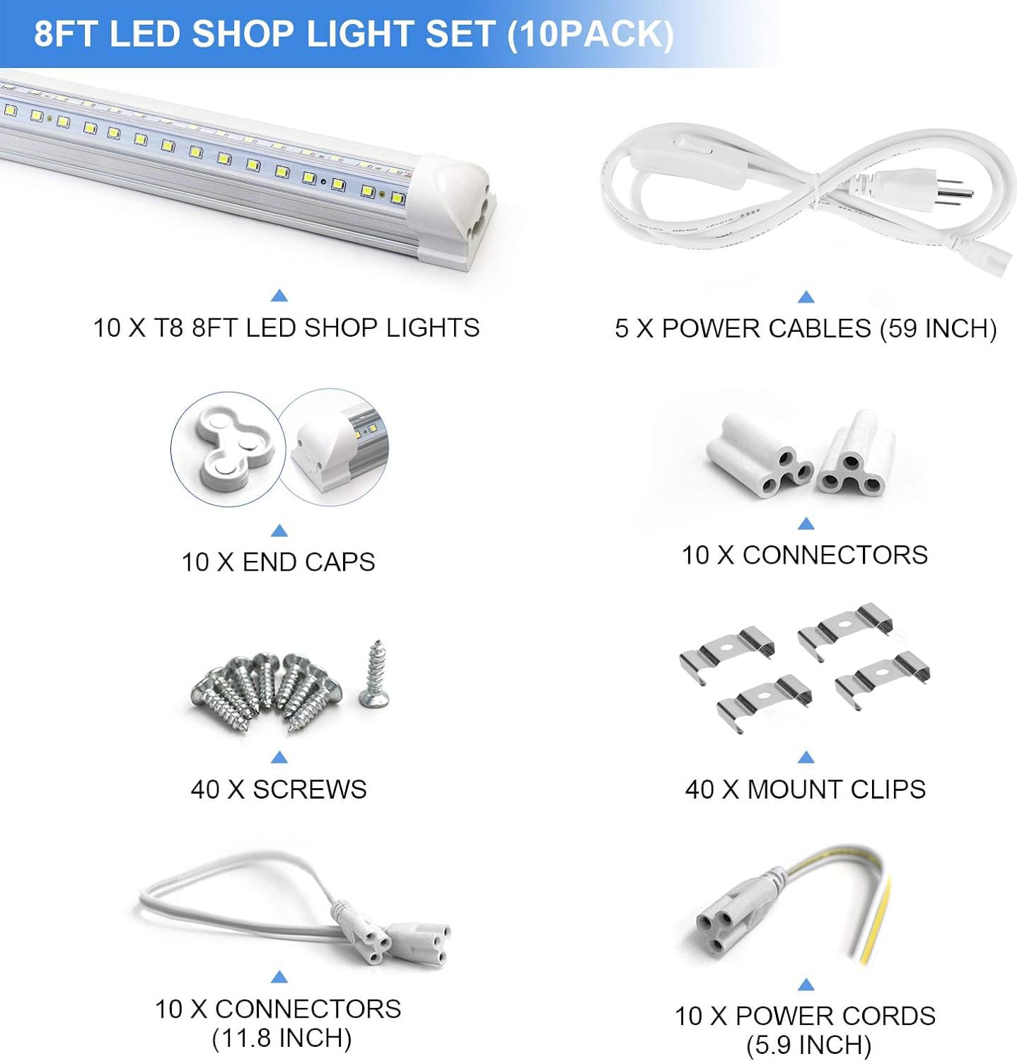 10-Pack 8ft LED Shop Light Fixture - 90W T8 Integrated LED Tube Light - 6500K 12000LM V-Shape Linkable - High Output - Clear Cover - Plug and Play - 270 Degree Lighting for Garage, Shop, Barn