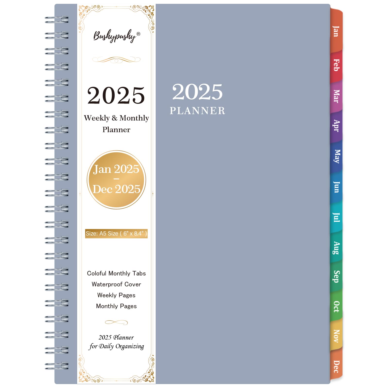 2025 Planner - 2025 Planner Weekly and Monthly, JAN - DEC 2025, Calendar Planner with Premium Paper, Twin-wire Binding, Waterproof Cover, Coloful Tabs, Gray, 6" x 8.4"