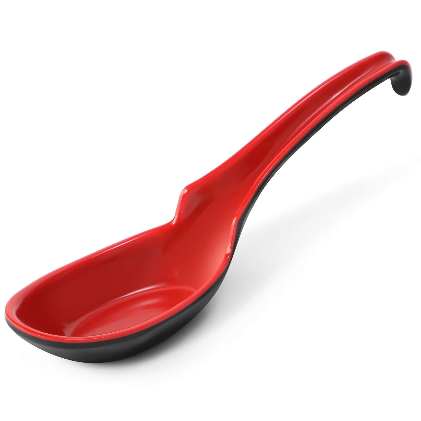 12 PACK Asian Soup Spoons, Rice Spoons, Melamine Chinese Won Ton Soup Spoon For soba, pho, ramen, Noodle, Korean Style Large Spoon with Long Handle- Notch and Hook Style, Red Ã¯Â¼Â Black