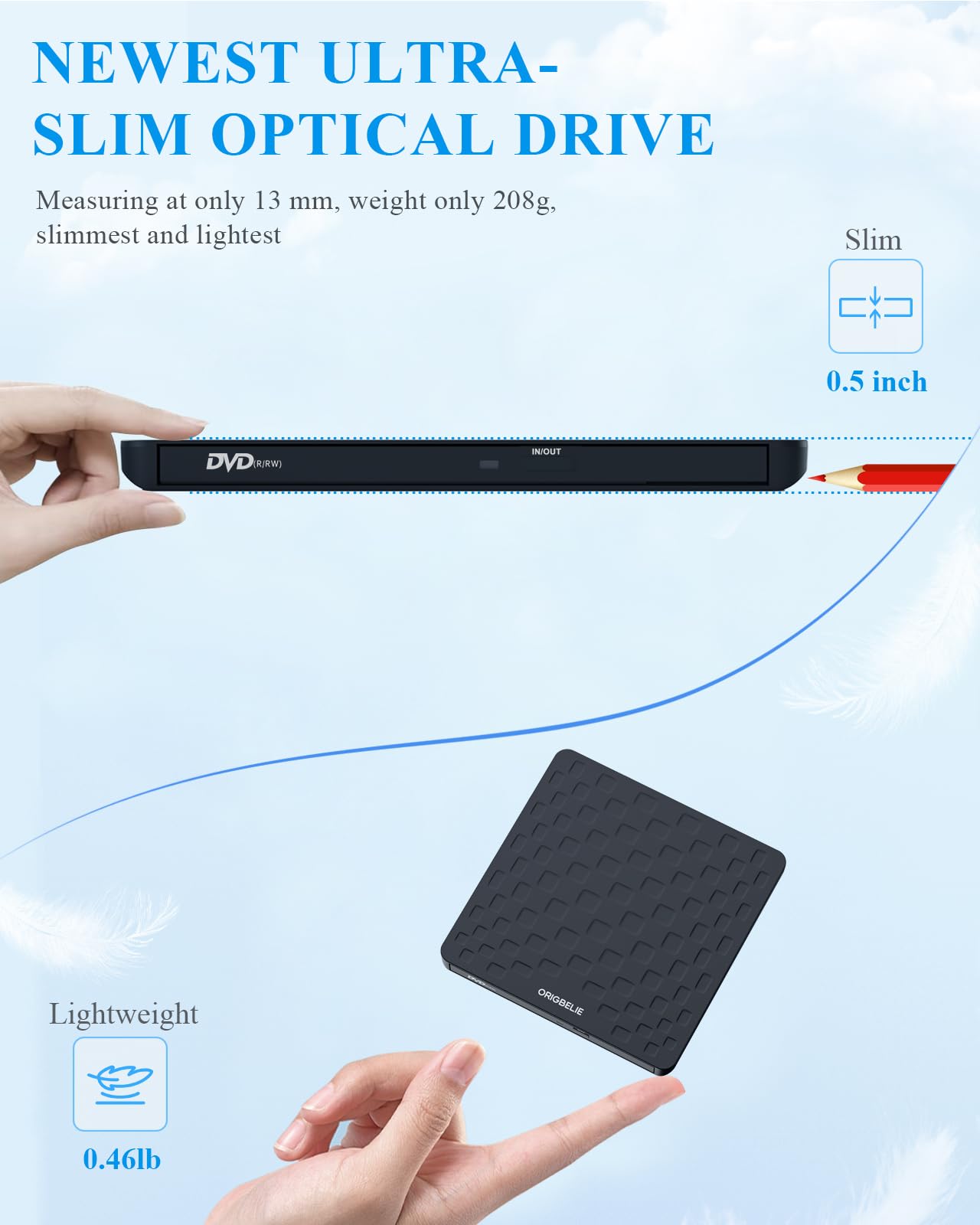 ORIGBELIE External CD DVD Drive for Laptop, USB 3.0 Type-C Ultra Slim 13mm DVD Player Portable CD DVD +/-RW Drive CD Burner Reader Writer Recorder for Desktop PC Windows 11/10/8/7 Linux Mac OS (Black)