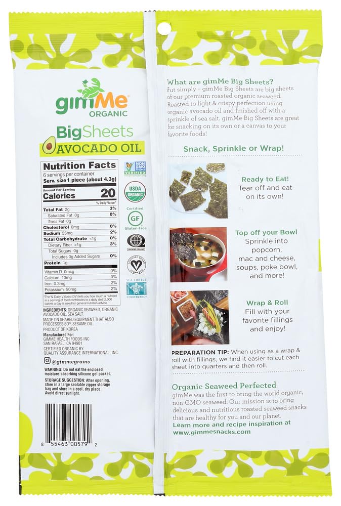 Gimme Organic Avocado Oil Sea Salt Roasted Seaweed, 0.92 Oz