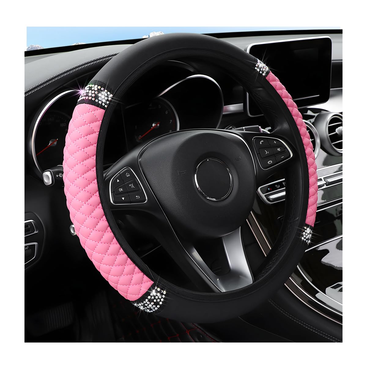 Osilly Bling Car Steering Wheel Cover, 15 Inch Rhinestones Soft Leather Elastic Steering Wheel Protector, Sparkly Crystal Diamond for Women Girls, Car Interior Accessories for Most Cars (Black)