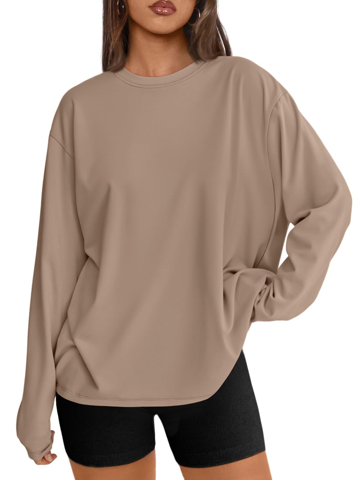 Trendy Queen Womens Oversized Long Sleeve T Shirts 2025 Basic Crewneck Tee Fall Tops Casual Workout Y2K Clothes Khaki M