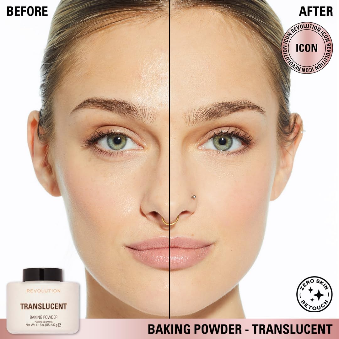 Revolution, Loose Baking Powder, Makeup Setting Powder, Long Lasting Coverage, Mattifies & Reduces Shine, Translucent, 1.12 oz