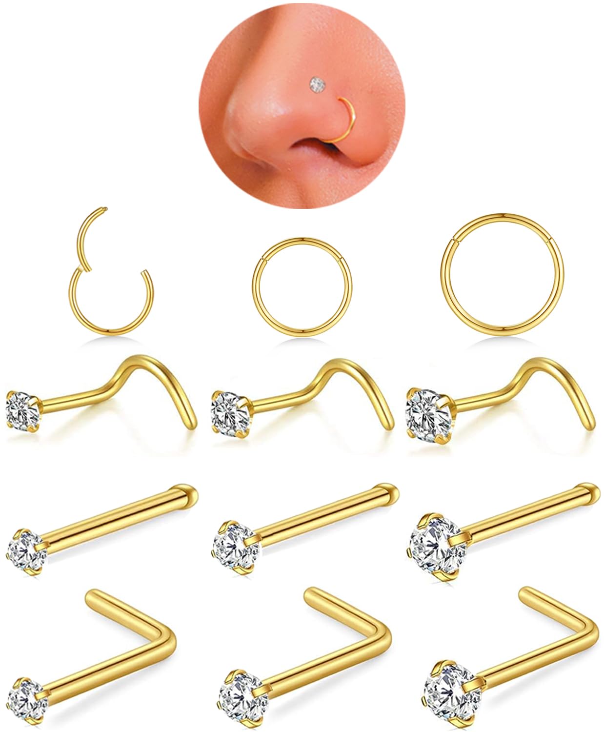 18g Silver Nose Rings Hoop and 20g Nose Studs Sets for Women Men,Hypoallergenic 316L Surgical Stainless Steel L Shape/Corkscrew/Straight Nose Studs Nose Screw Bone 1.5/2/3mm CZ Piercings Jewelry 12Pcs