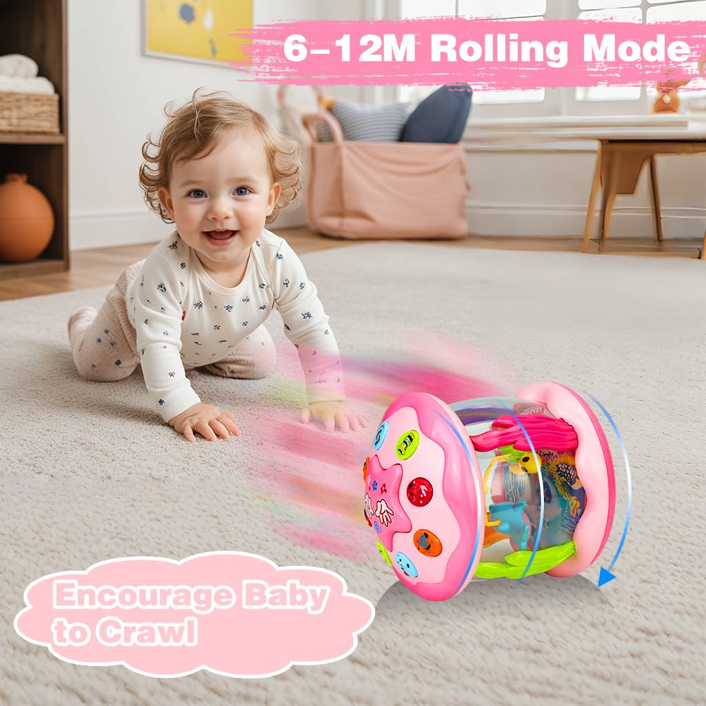 Aboosam Baby Girl Toys 6-12 Months: Babies Ocean Rotating Light Up Musical Toys 12-18 Months Crawling Learning Infant Toy for Toddlers 1 2 3 Years Old Baby Girl Gifts (Pink)