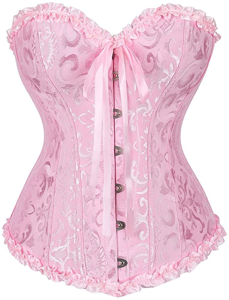 SZIVYSHI Pink Corset for Women - Bustier Shapewear Lingerie - Strapless Vintage Victorian Overbust Fashion Lace Waist Bodice for Night Out - Size M