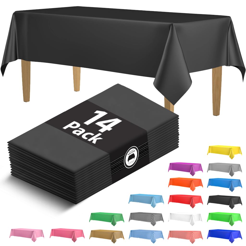 14 Pack Black 54 x 108 in. Rectangle Disposable Plastic Tablecloths - Smooth Decorative Covers for Parties, Weddings