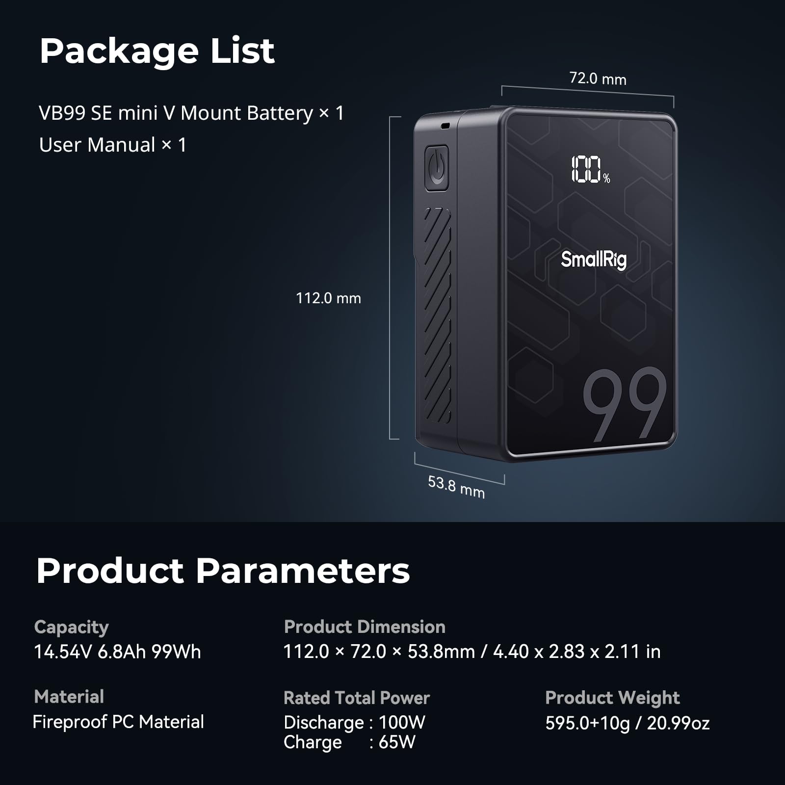 SMALLRIG V Mount Battery VB99 SE, 99Wh / 6800mAh V Mount Battery with 65W Output, 2.5H Full Charge, with USB-C, D-TAP, USB-A, Dual DC Ports, OLED Screen, for Camera, Camcorder, Monitor, Video Light