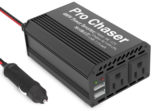 Pro Chaser 400W Power Inverter - 12V DC to 110V AC Car Truck RV Inverter 6.2A Dual USB Charging Ports for Road Trips (Black)