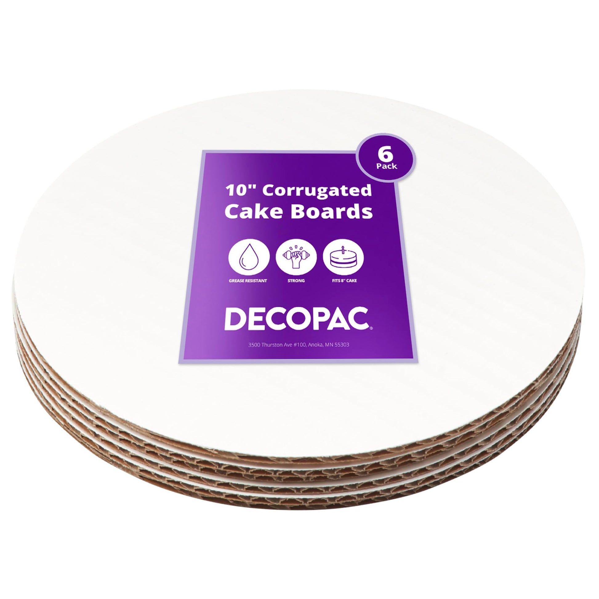 DecoPac Round Cake Board, Waxed Greaseproof finish, Sturdy Corrugated Cake Board, Pack of 6, White - 10 Inch