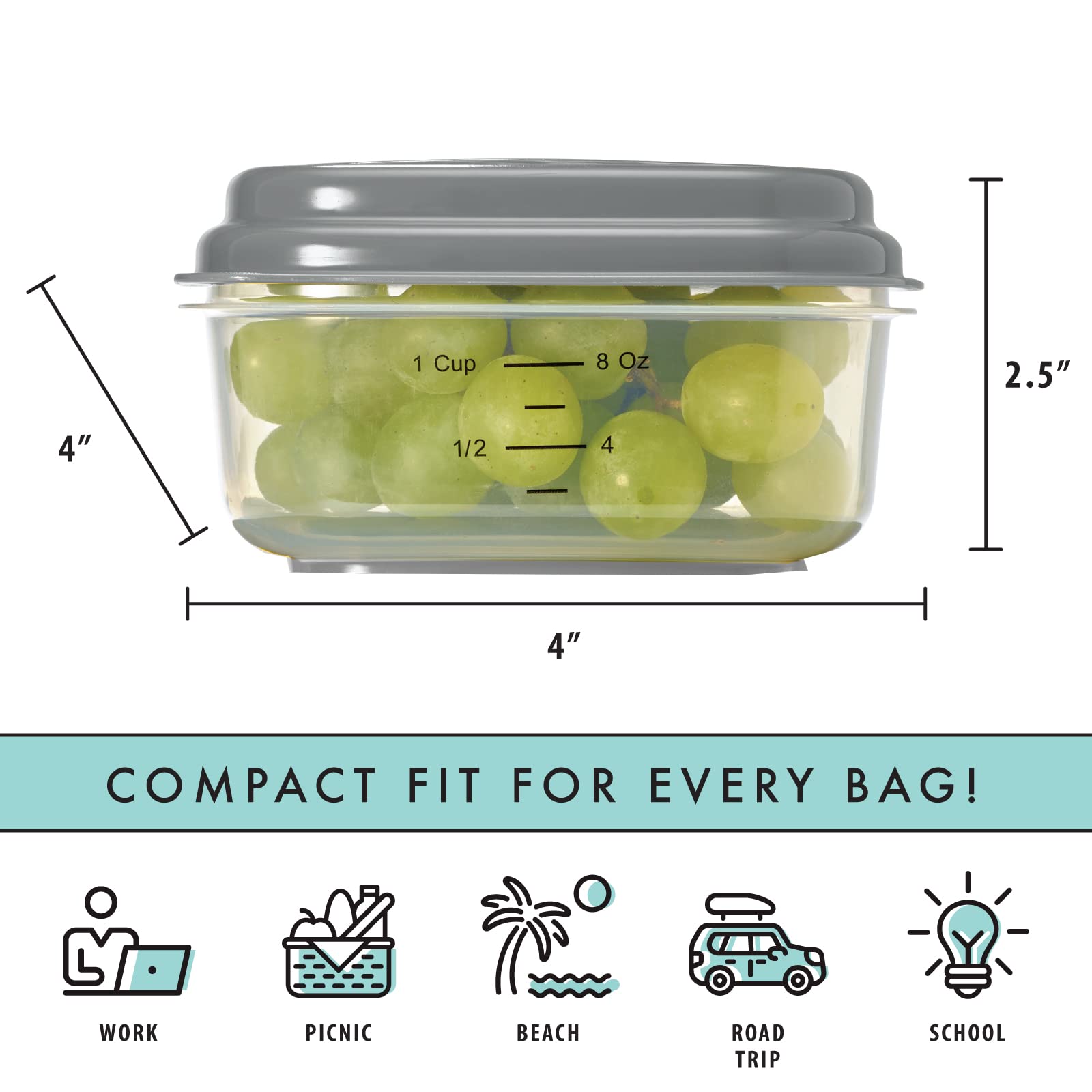 Fit & Fresh Small Plastic Containers With Lids 8 oz, Small Snack Containers With Lids, Reusable Leakproof Dressing and Condiment Containers With Two Attachable Ice Packs, 4PK, Light