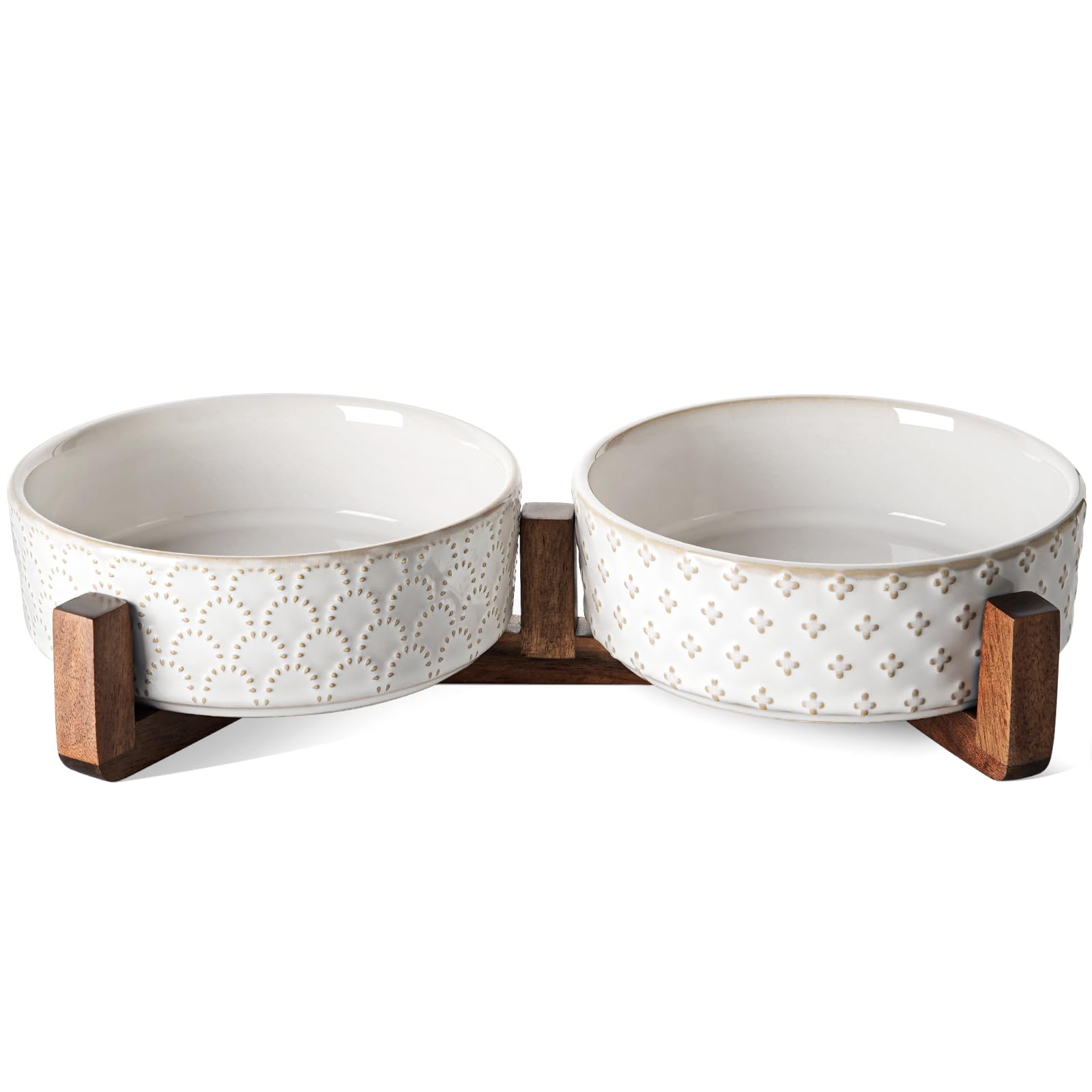 LE TAUCI Dog Bowls Ceramic, Bowl Set with Acacia Wood Stand, 3 Cups Dog Food and Water Bowl for Small Medium Sized, Weighted Dog, Pet Bowls
