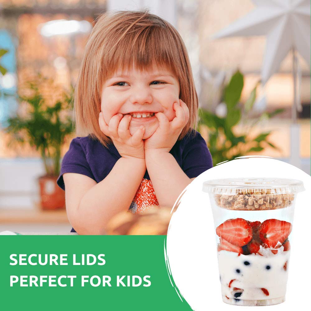 12 oz Clear Plastic Parfait Cups with Insert 3.25oz & Flat Lids No Hole - (50 Sets) Yogurt Fruit Parfait Cups for Kids, for Dips and Veggies, Take Away Breakfast and Snacks. No Leaking