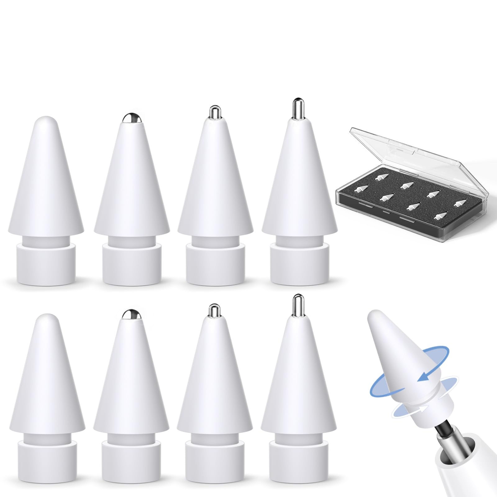 Inesore 8 Pack for Apple Pencil Tips Replacement Accessories,Compatible with Apple Pencil Pro/2nd Generation/1st Generation/USB C,iPencil Nib for iPad Pro/Air/Mini,for Drawing Writing(White Metal Nib)
