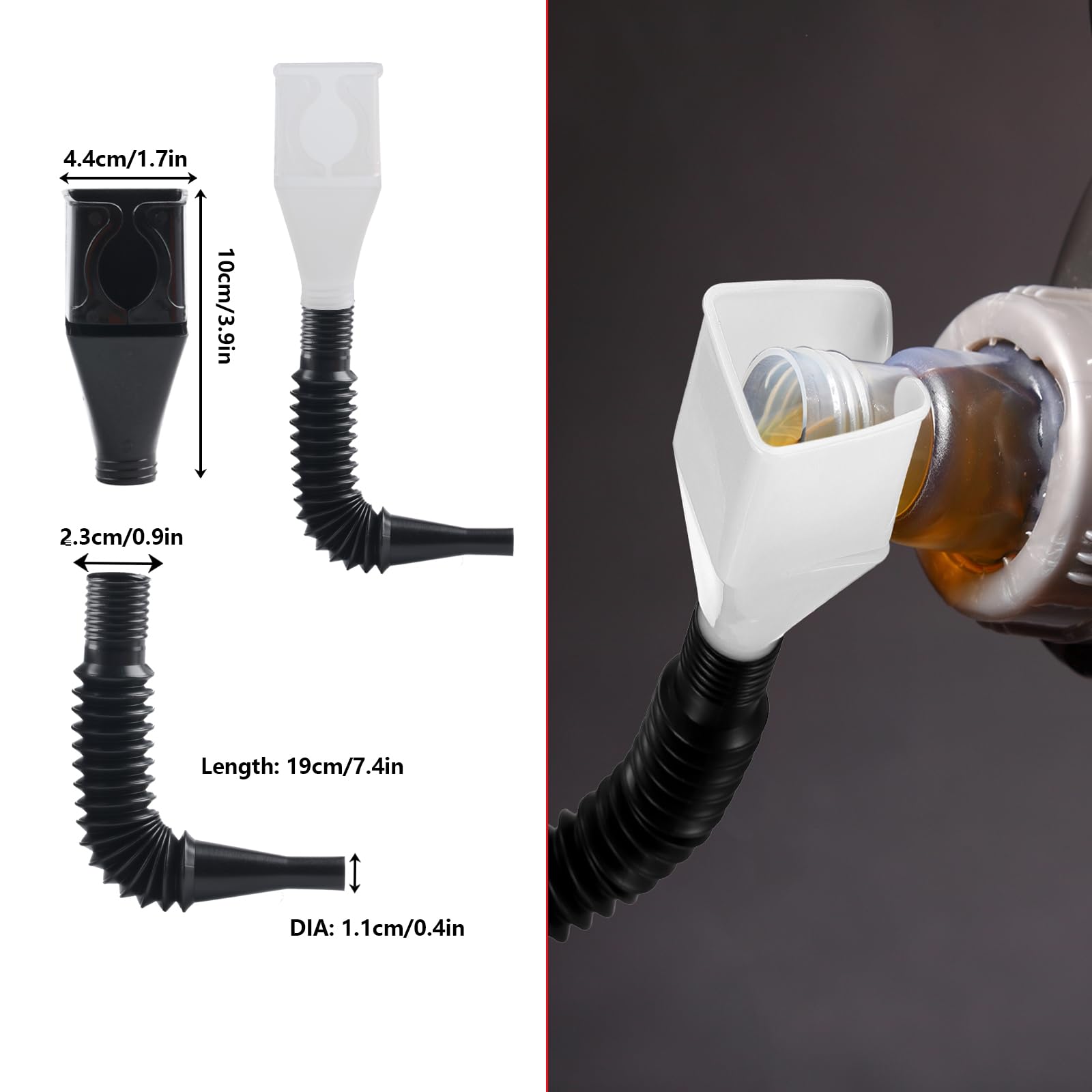 10 Pcs Automotive Funnels Set, Wide Mouth Fuel Funnels, Plastic Long Neck Oil Flexible Right Angle Funnelss, with Detachable Spout and Filter, Plastic Funnel Set for Water/Gasoline/Coolant/Engine Oil