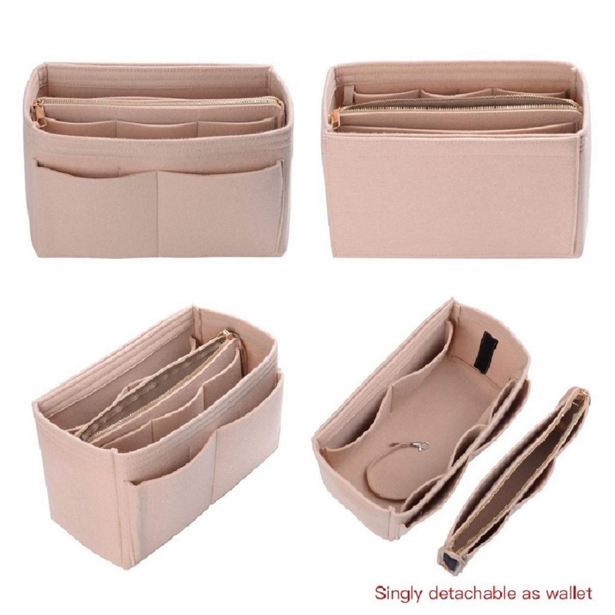 ZTUJO Purse Organizer Insert, Felt Bag Organizer with Metal Zipper, Handbag & Tote Shaper, For Speedy Neverfull Tote, 7 Sizes(Medium, Beige)