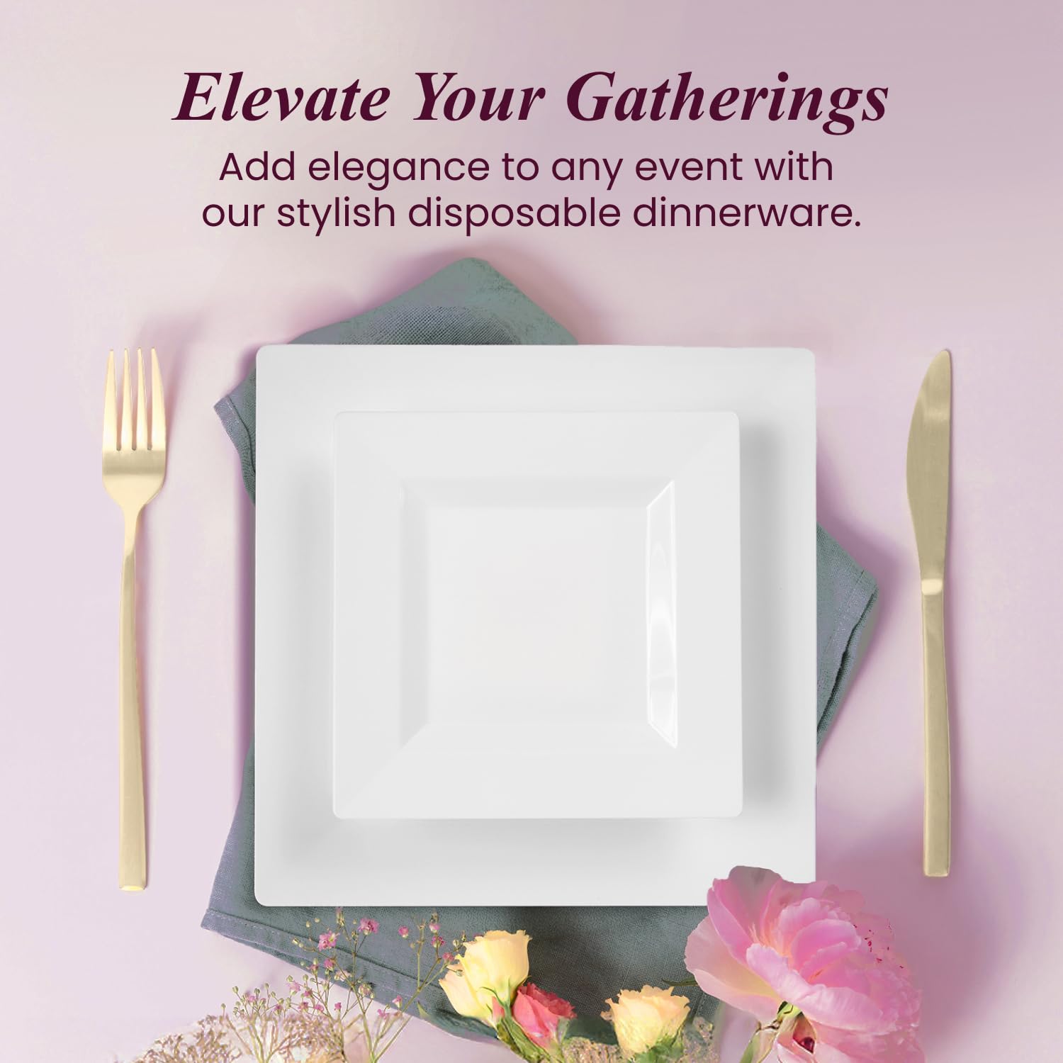 Aya's 60ct White Square Disposable Plates - Heavy Duty Plastic Party Plates for Christmas, Thanksgiving (30 Dinner & 30 Salad)