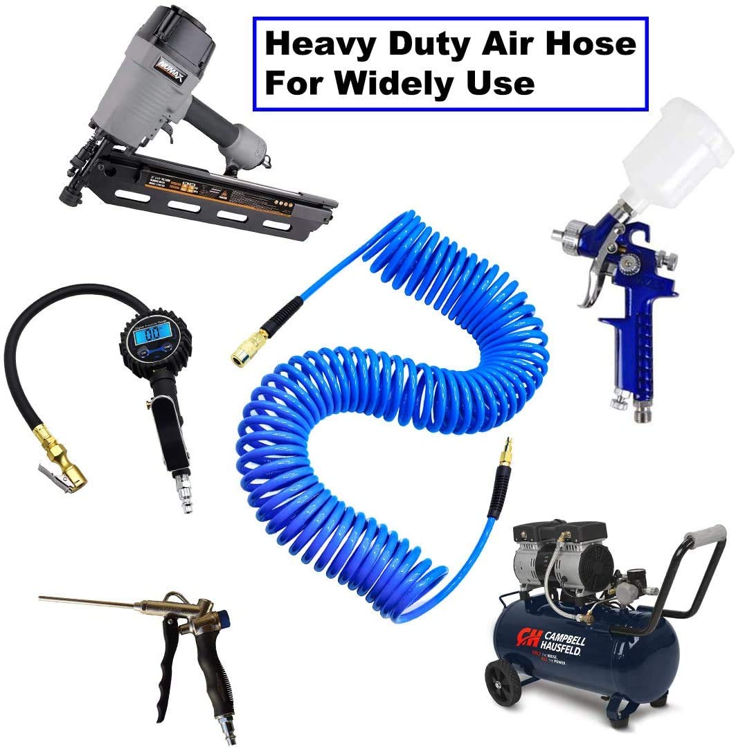 YOTOO Polyurethane Recoil Air Hose, Air Compressor Hose 1/4" Inner Diameter by 25' Long with Bend Restrictor, 1/4" Industrial Quick Coupler and Plug, Blue