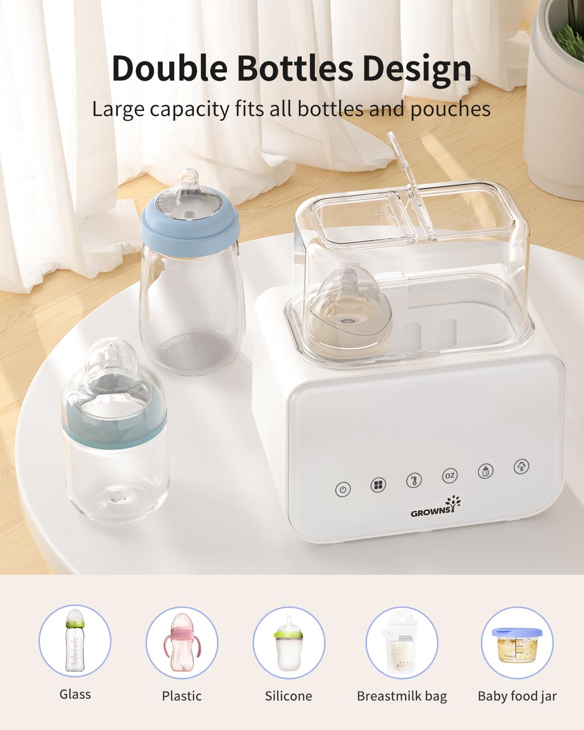 Baby Bottle Warmer, Grownsy 10-in-1 Fast Bottle Warmer Accurate Temp Control, with LCD Display, Timer, Defrost, Sterili-zing, Keep 24H, Double Bottle Warmer for Breastmilk& Formula, Heat Baby Food