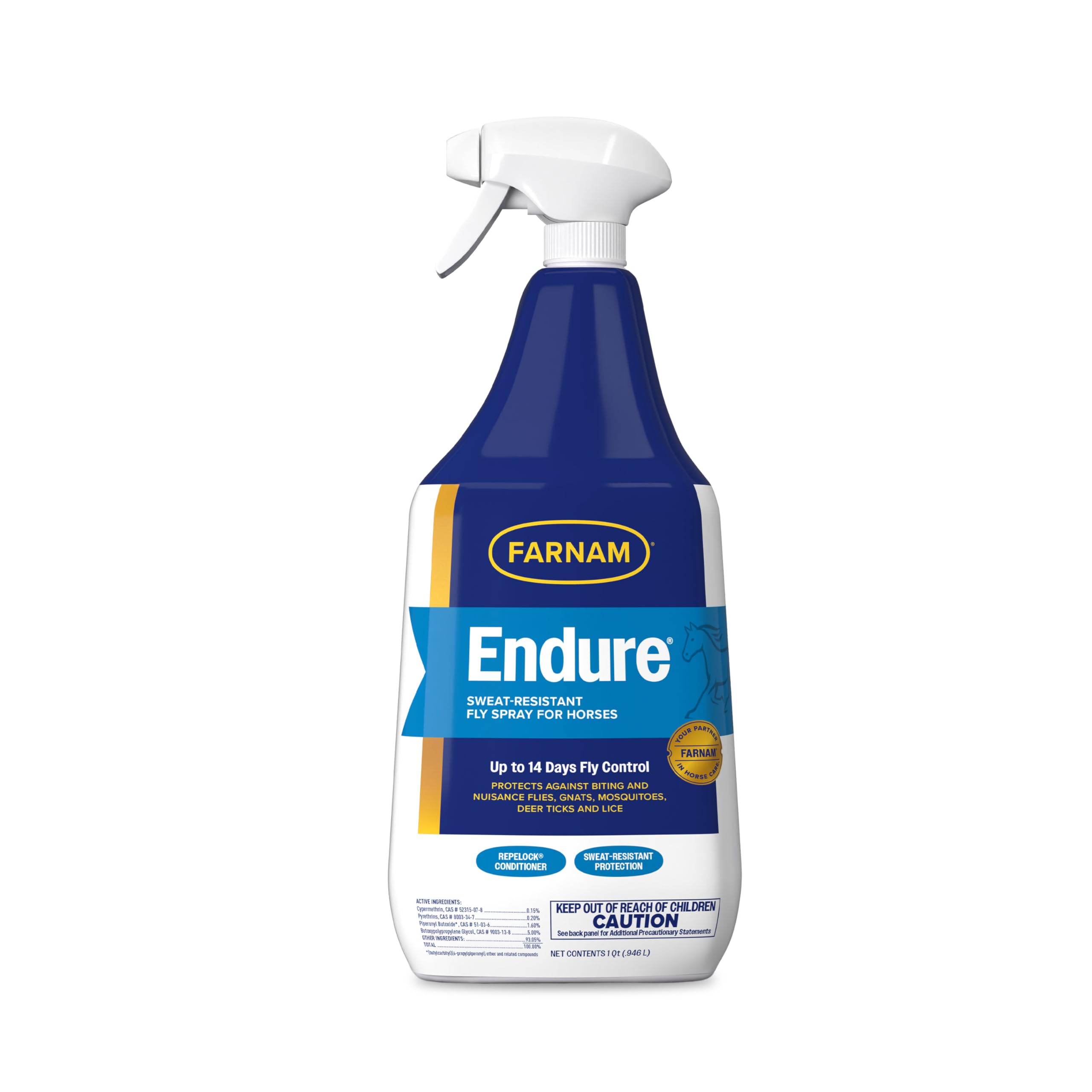 Farnam Endure Sweat-Resistant Fly Spray for Horses, Lasts Up to 14 Days, Protects Against Flies, Gnats, Mosquitoes, Ticks & Lice, 32 oz.
