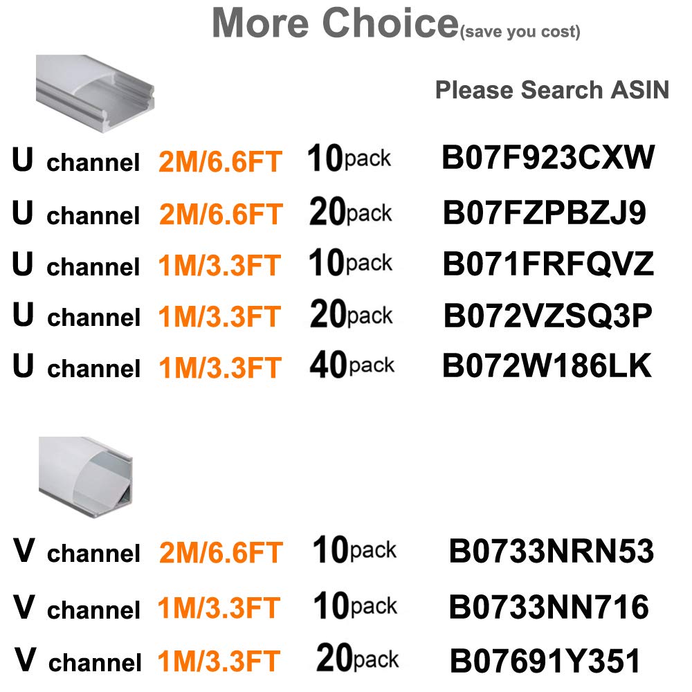 hunhun 10-Pack 6.6ft/ 2Meter U Shape LED Aluminum Channel System with Milky Cover, End Caps and Mounting Clips, Aluminum Profile for LED Strip Light Installations, Very Easy Installation