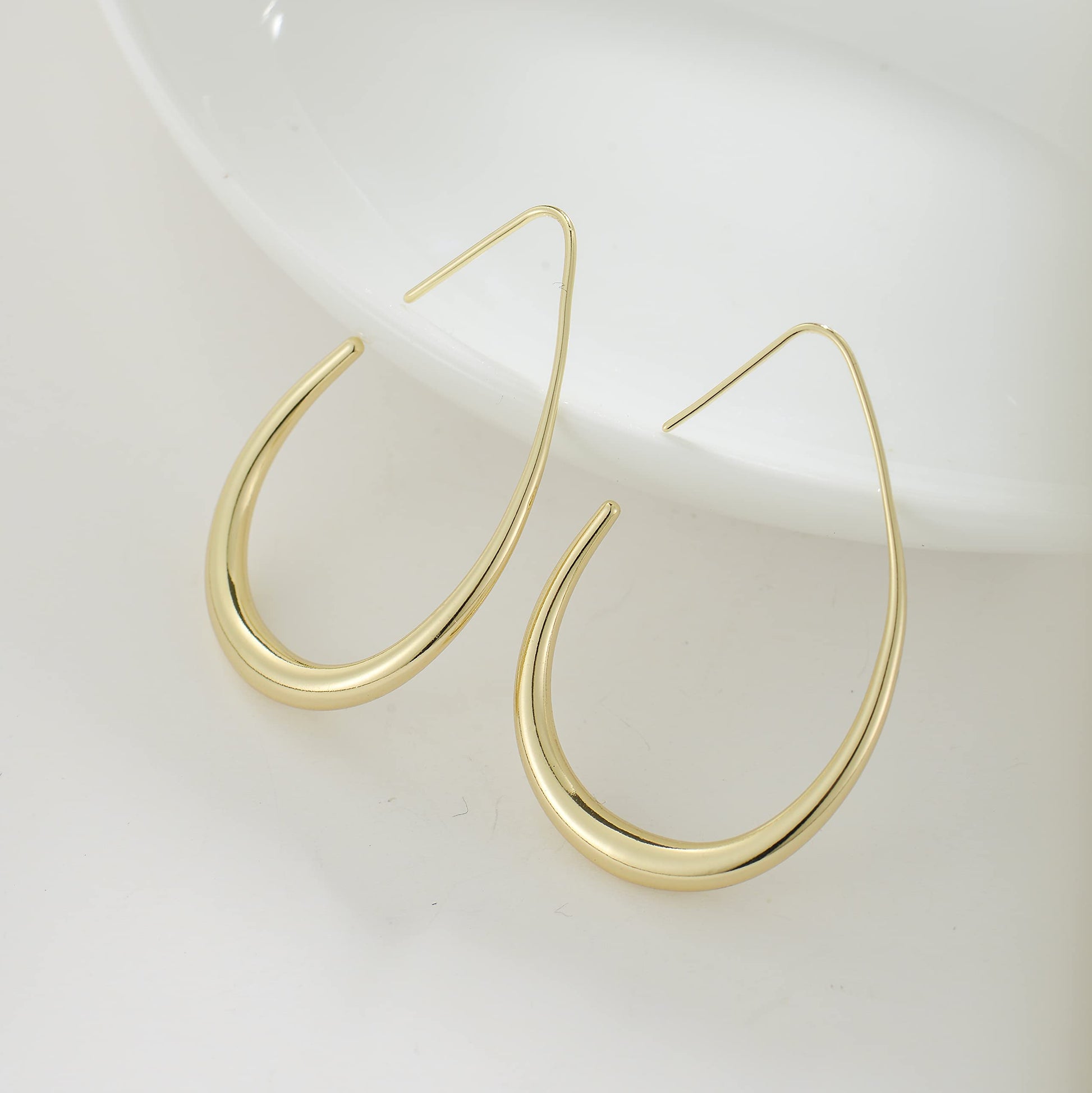 Lightweight Teardrop Hoop Earrings for Women - 14k Gold/White Gold Plated Large Oval Pull Through Hoop Earrings High Polished Statement Jewelry Gift for Women