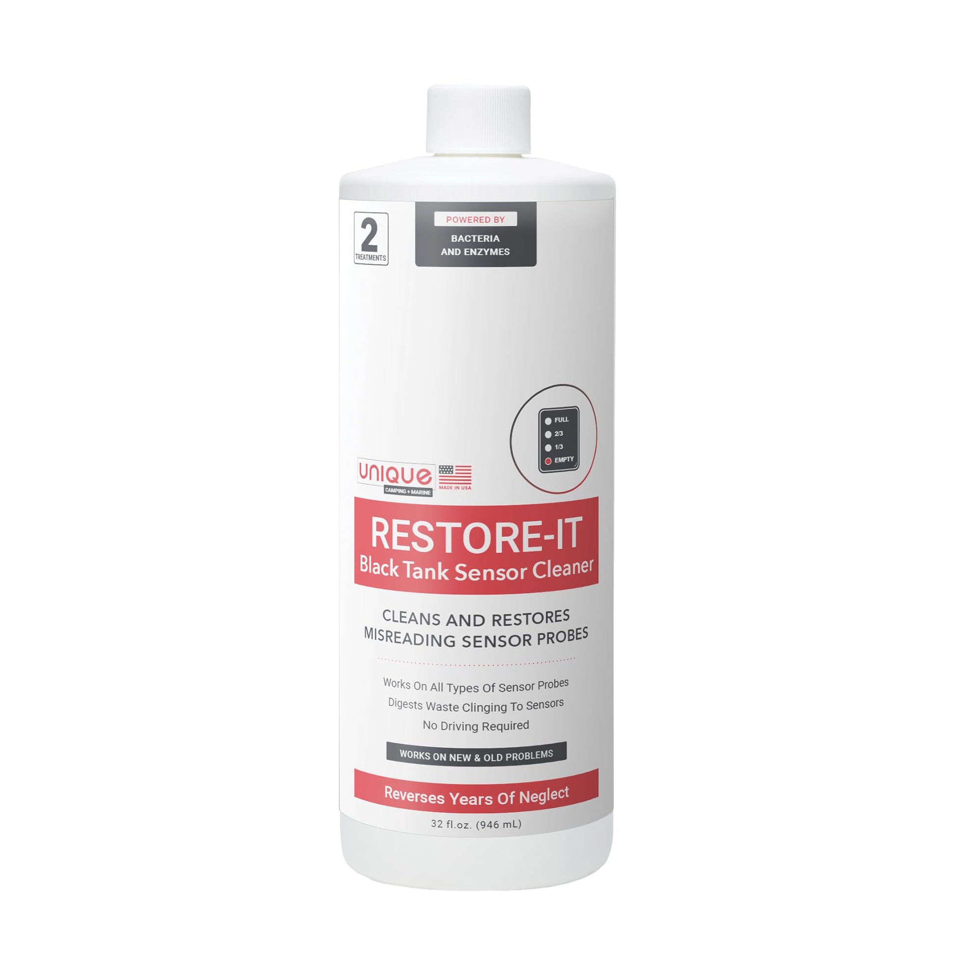 Unique Restore-It RV Sensor Cleaner Liquid for Black Water Holding Tanks - Cleans and Restores Misreading Camper Black Tank Sensor Probes, Formerly Sensor Cleaner, CA Compliant (32 oz.)