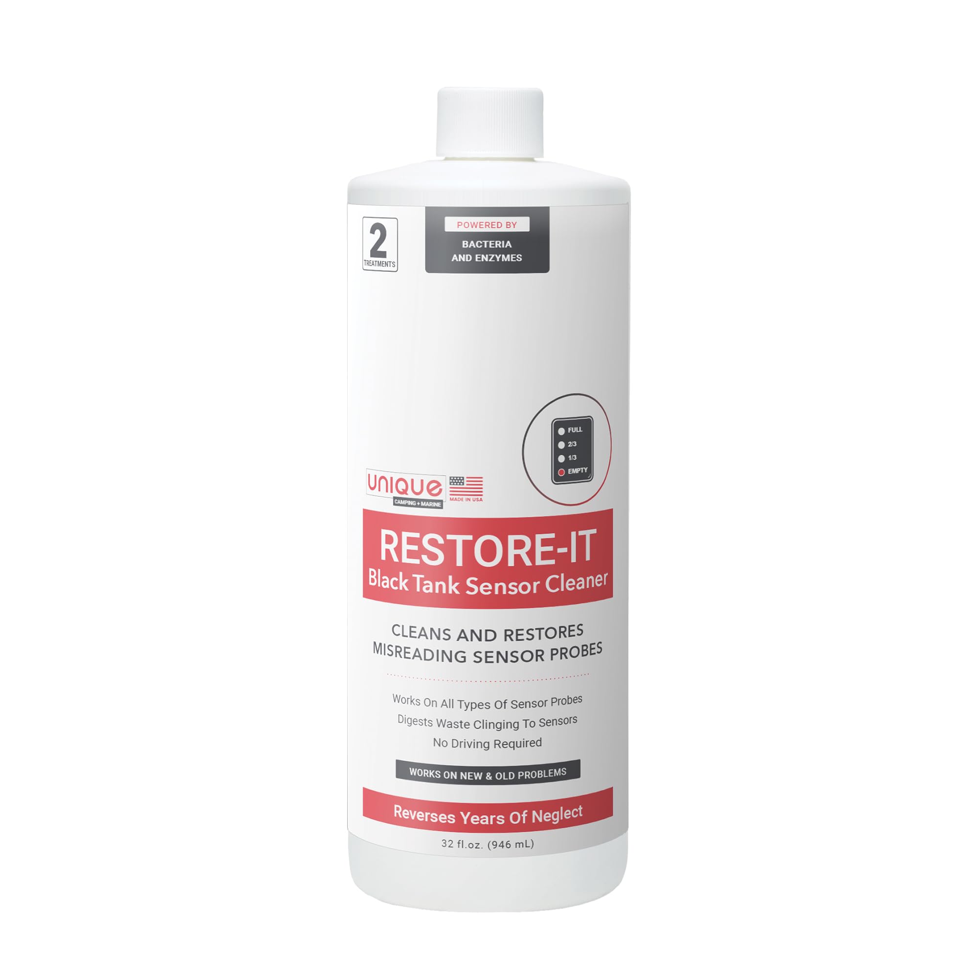 Unique Restore-It RV Sensor Cleaner Liquid for Black Water Holding Tanks - Cleans and Restores Misreading Camper Black Tank Sensor Probes, Formerly Sensor Cleaner, CA Compliant (32 oz.)