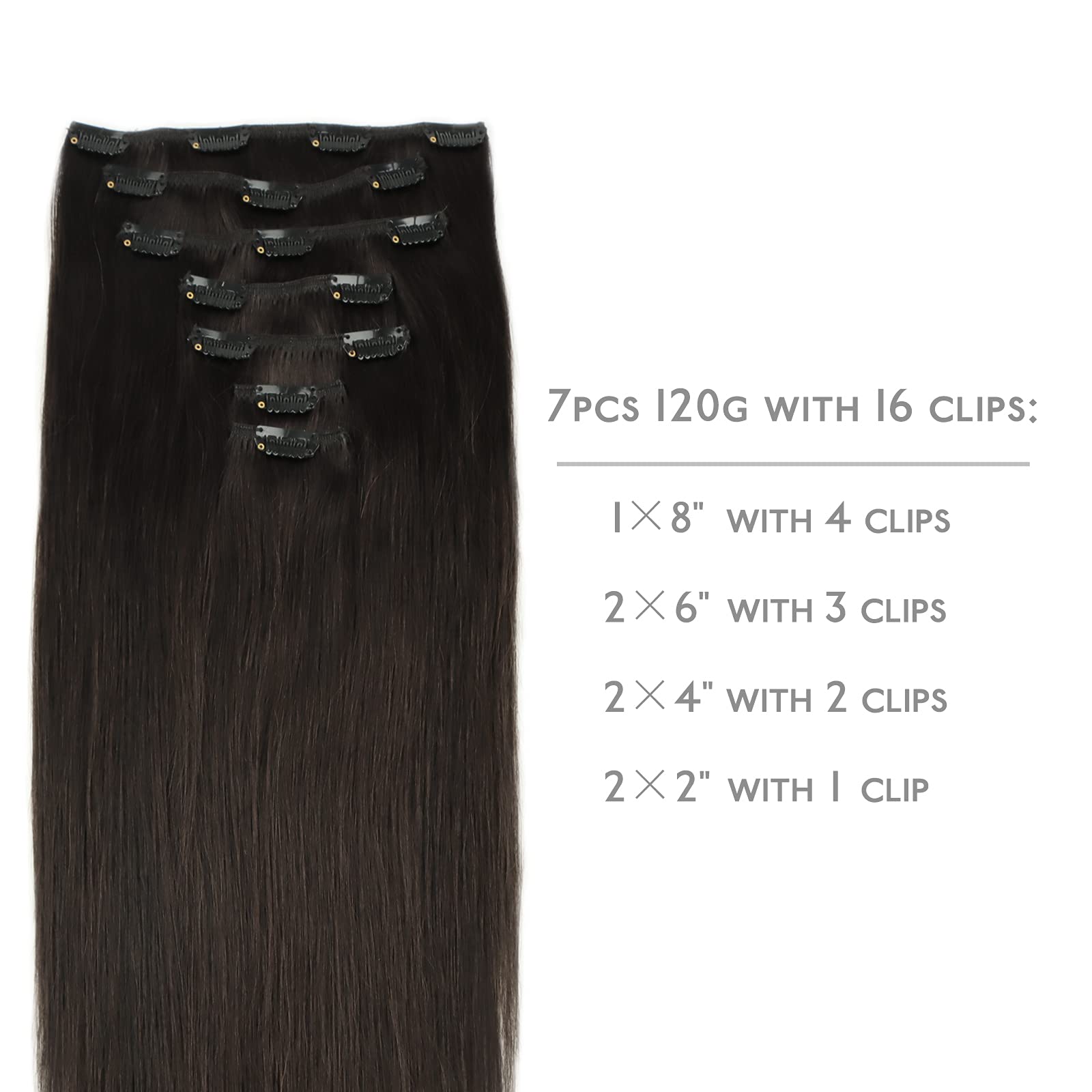 WENNALIFE Clip in Hair Extensions Real Human Hair, 18 Inch 120g 7pcs Human Hair Extensions Clip Ins, Dark Brown Coloured Remy Hair