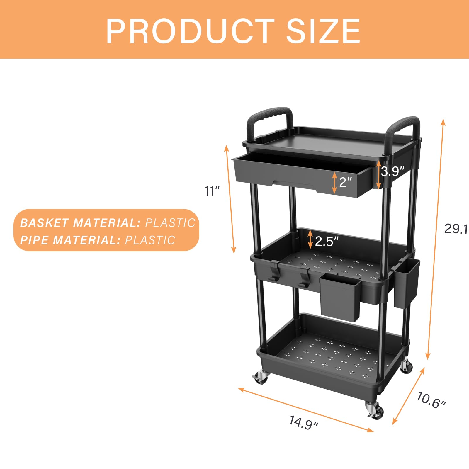 3 Tier Rolling Utility Cart with Drawer,REBECAT Utility Cart Made of Multifunctional Storage Organizer Tool for Kitchen,Bathroom,Living Room,Office(White)