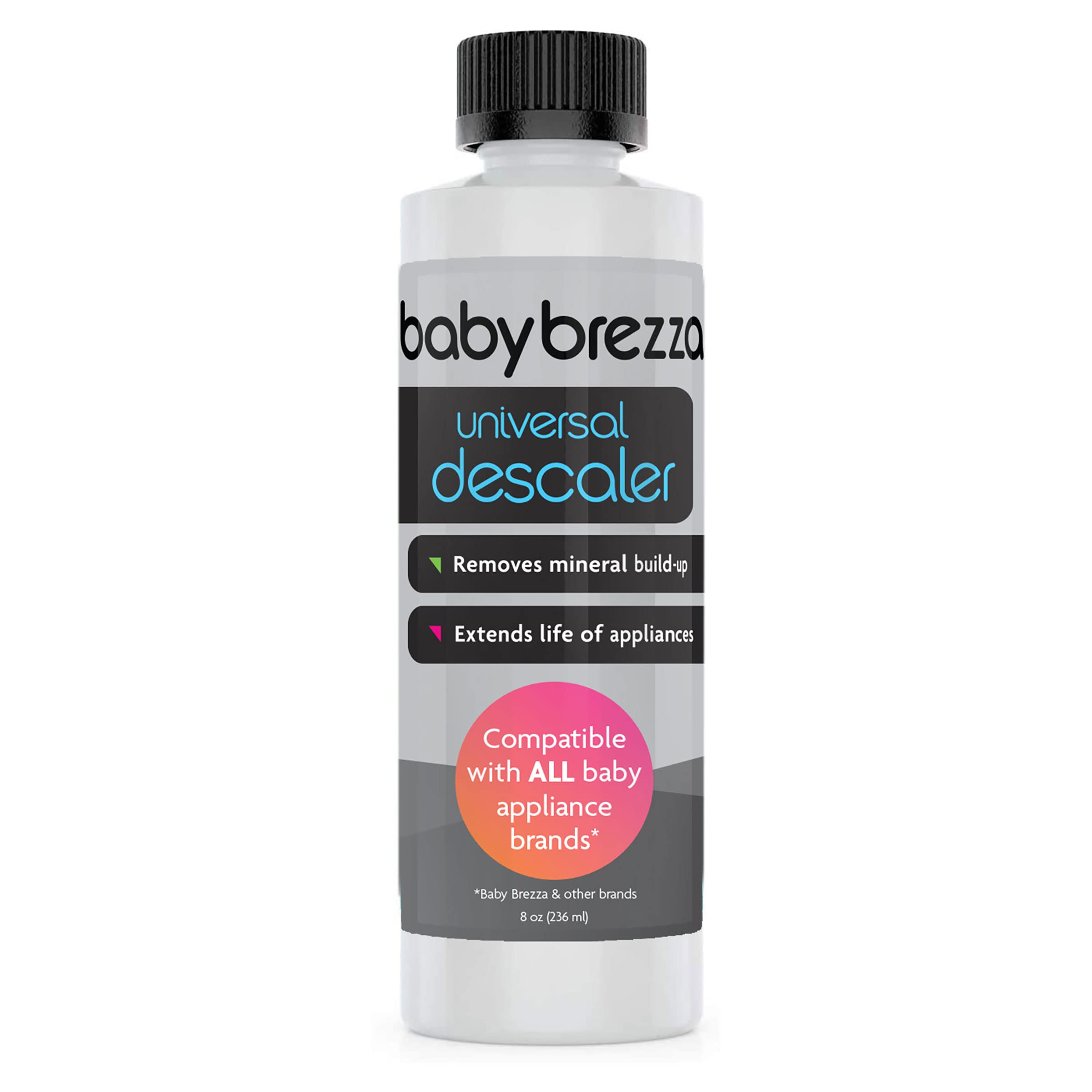 Baby Brezza Descaler 8 oz. Made in USA. Universal Descaling Solution for Baby Brezza and other baby appliances. Removes mineral build-up and extends your machine’s lifespan.