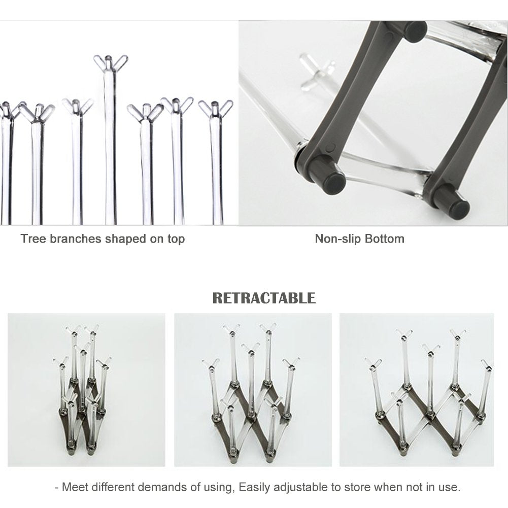 Marbrasse Retractable Cup Drying Rack, Drinking Glass and Sports Bottle Drainer Stand, Plastic Bag Dryer with Non-Slip Bottom for Kitchen Countertop