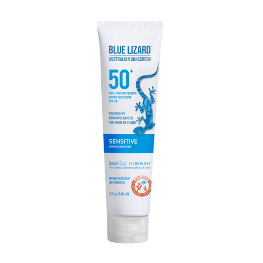 BLUE LIZARD Sensitive Mineral Sunscreen with Zinc Oxide 50+ Water Resistant UVAUVB Protection with Smart Cap Technology Fragrance Free, Sensitve, SPF 50 - - Tube, Unscented, 5 Fl Oz