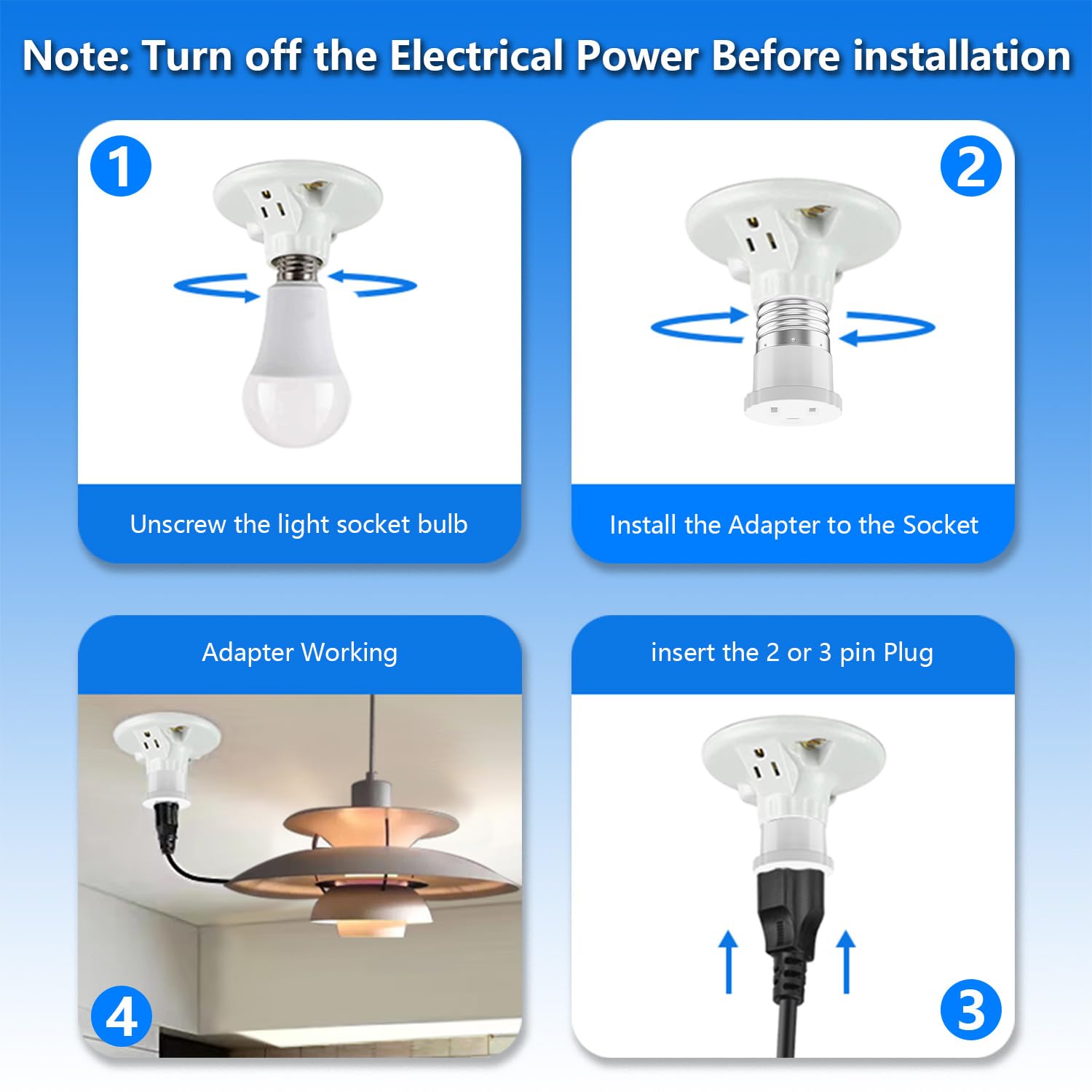 2 Pack, Light Socket to Plug Adapter, Convert Light Bulb Socket to Outlet Adapter (White).