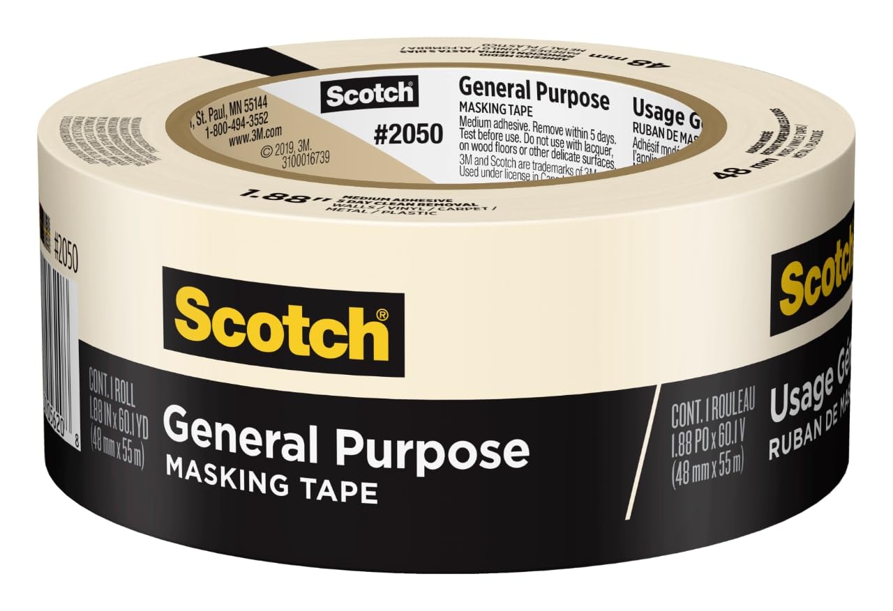 Scotch General Purpose Masking Tape, 1.88 in x 60.1 yd, Beige, Sticks for Up to 5 Days, Removes Easily Without Leaving Sticky Residue, Easy-to-Tear Masking Tape (2050-48MP)