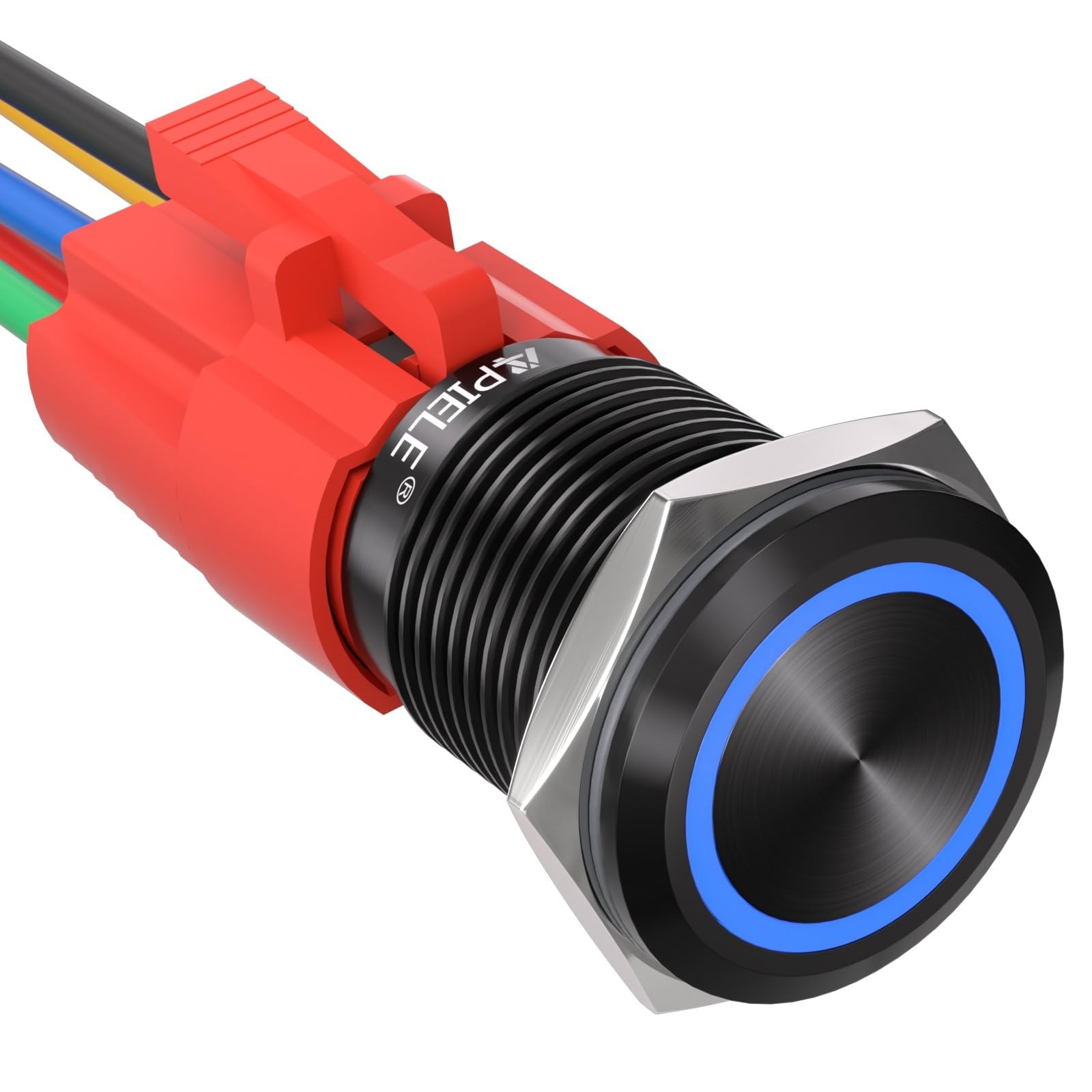 APIELE 16mm Rastender Drucktastenschalter 12V DC Ein/Aus Schwarz Gehäuse mit LED Angel Eye Kopf für 16mm Montageloch mit Kabelbuchse Stecker Selbstverriegelnd (Blau/Schwarz Gehäuse)