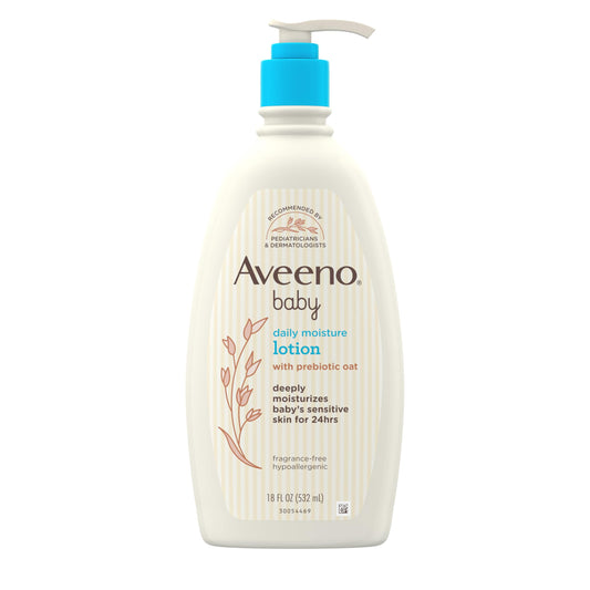 Aveeno Baby Daily Moisture Body Lotion for Sensitive Skin, Hypoallergenic Moisturizing Baby Lotion with Nourishing Oatmeal to Deeply Moisturize Baby's Skin, Fragrance-Free, 18 fl. oz