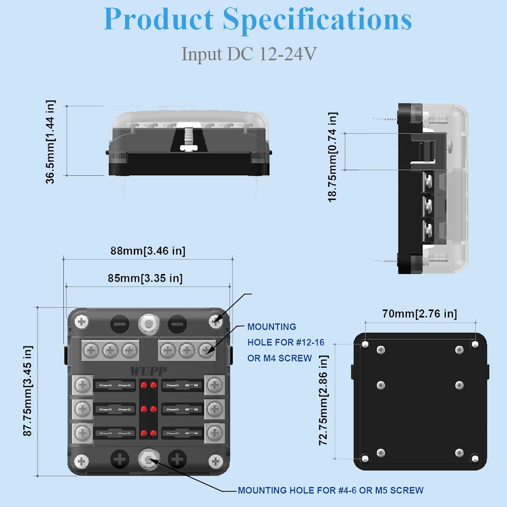 WUPP 12 Volt Fuse Block, Waterproof Boat Fuse Panel with LED Warning Indicator Damp-Proof Cover, 6 Circuits with Negative Bus Fuse Box for Car Marine RV Truck DC 12-24V