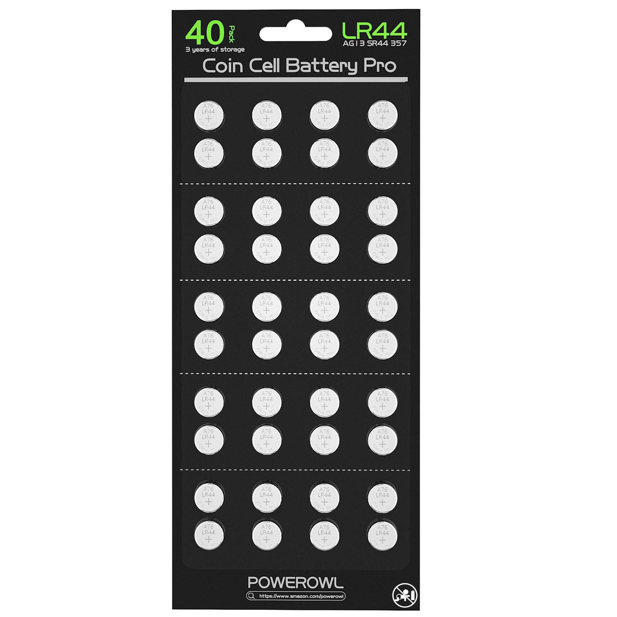 POWEROWL Hochleistungs-LR44-Batterien im 40er-Pack, L1154F AG13 357 303 SR44 A76 Premium Alkaline 1,5V Knopfzellenbatterien