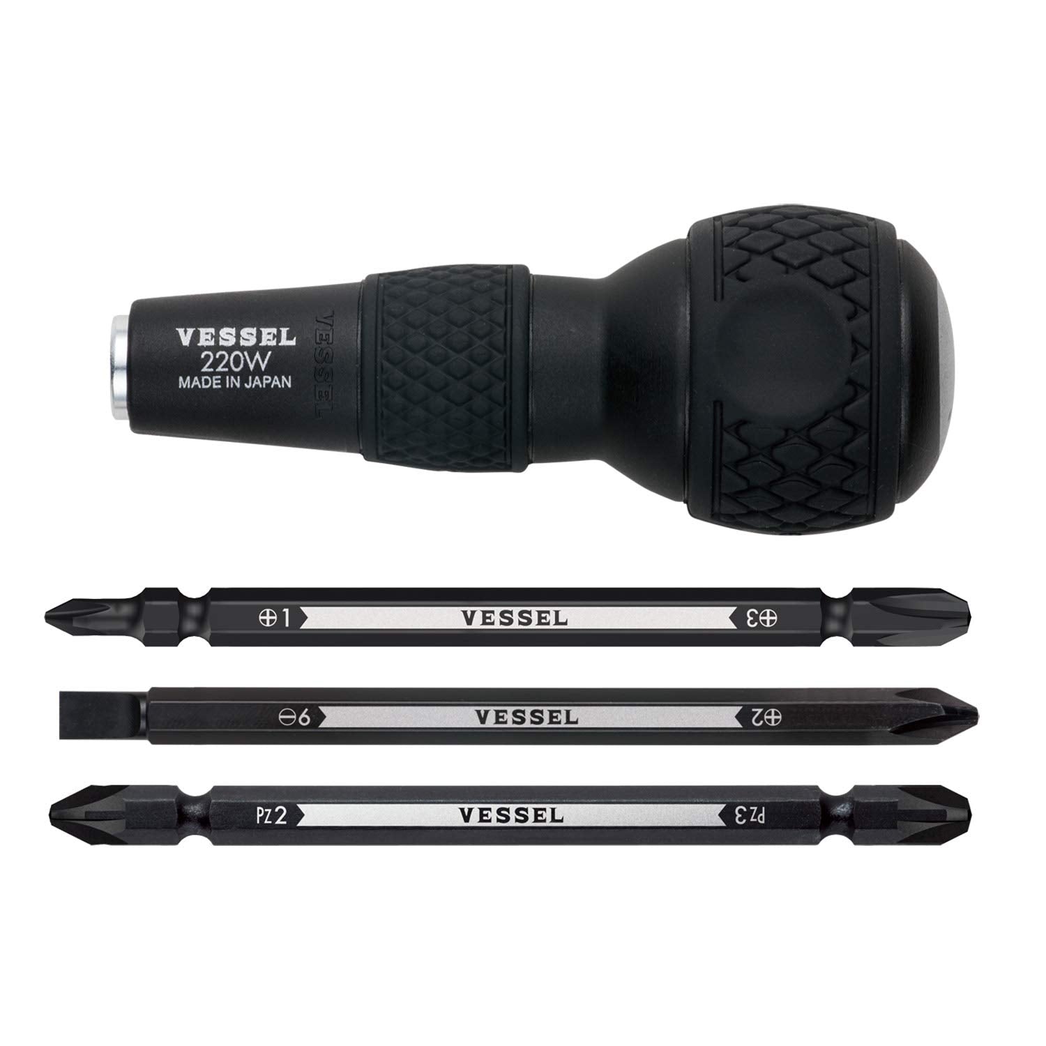 VESSEL BALL GRIP 1/4" Hex. Bit Interchangeable Screwdriver (Bit 3PC. (+1, +3 / +2, -6 / PZ2, PZ3) SET. 220W3J1)