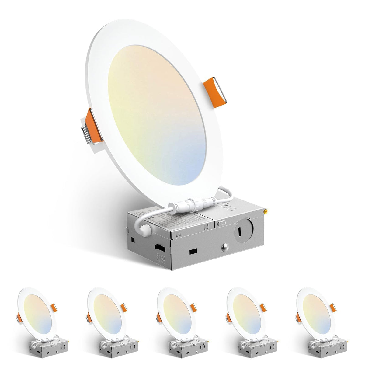 Amico 6 قطع 6 بوصات، إضاءة سقف LED غائرة رفيعة للغاية بخمس درجات حرارة ألوان مع علبة توصيل، 2700 كلفن/3000 كلفن/3500 كلفن/4000 كلفن/5000 كلفن قابلة للاختيار، 12 واط تعادل 110 واط، سطوع 1050 لومن، قابلة للتعتيم، إضاءة سفلية بدون وعاء، ETL وFCC