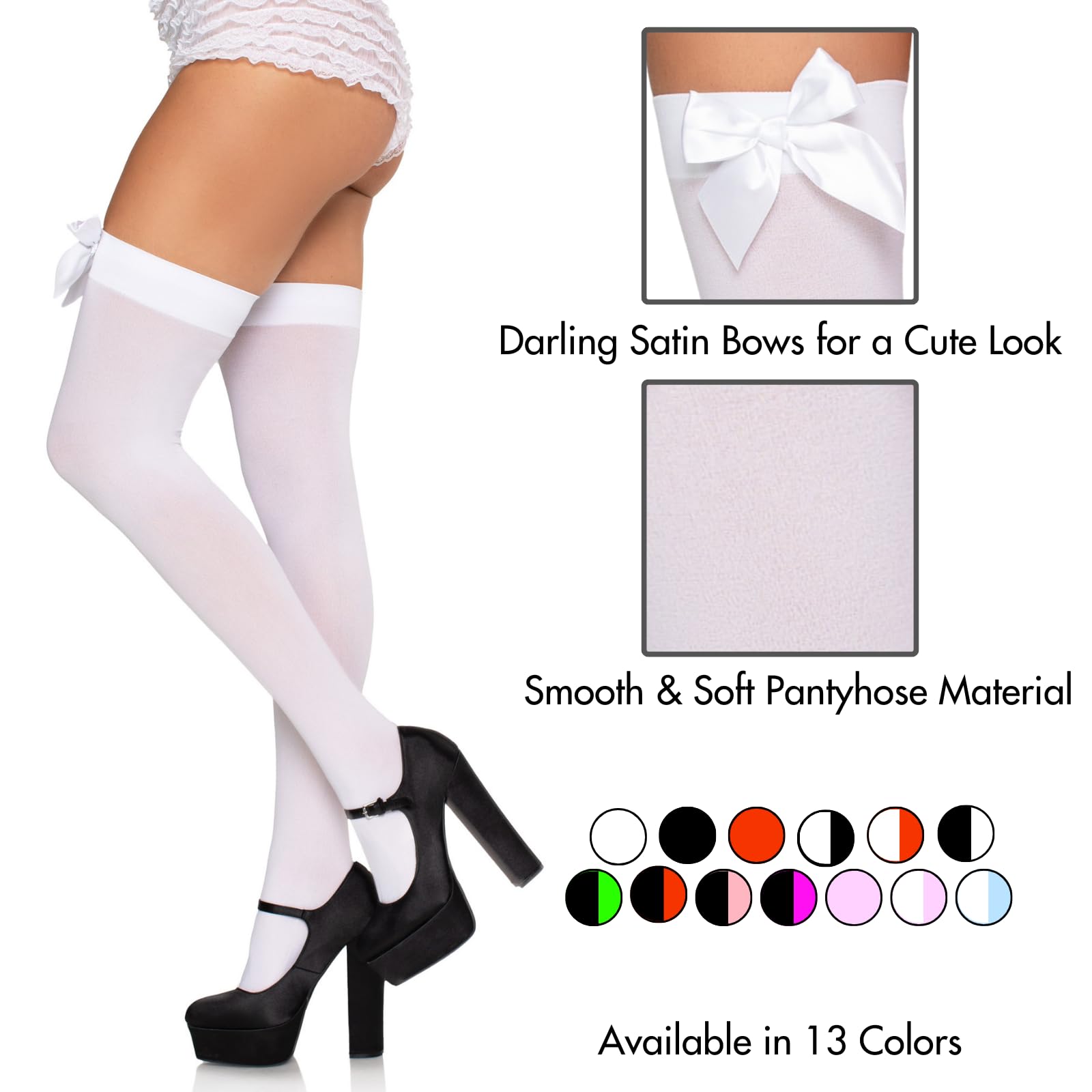 Leg Avenue Womens Satin Bow Accent Thigh Highs, O/S, White