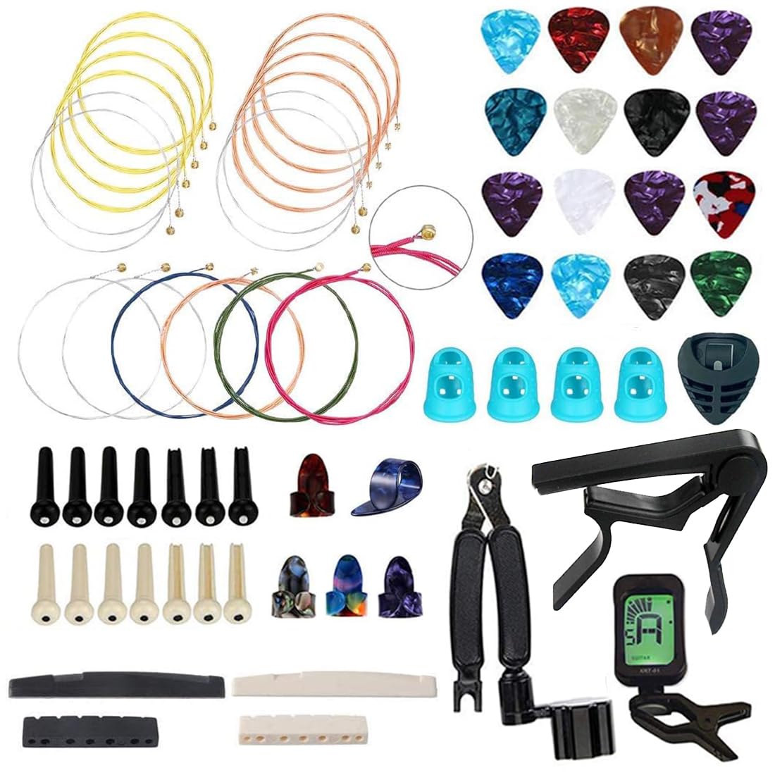 NERECNDENS 66PCS Guitar Accessories Kit, Acoustic Changing Tool, Including Guitar Acoustic Strings, Picks, Capo, String Winder&Cutter, Tuner, Bones, for Players and Beginners
