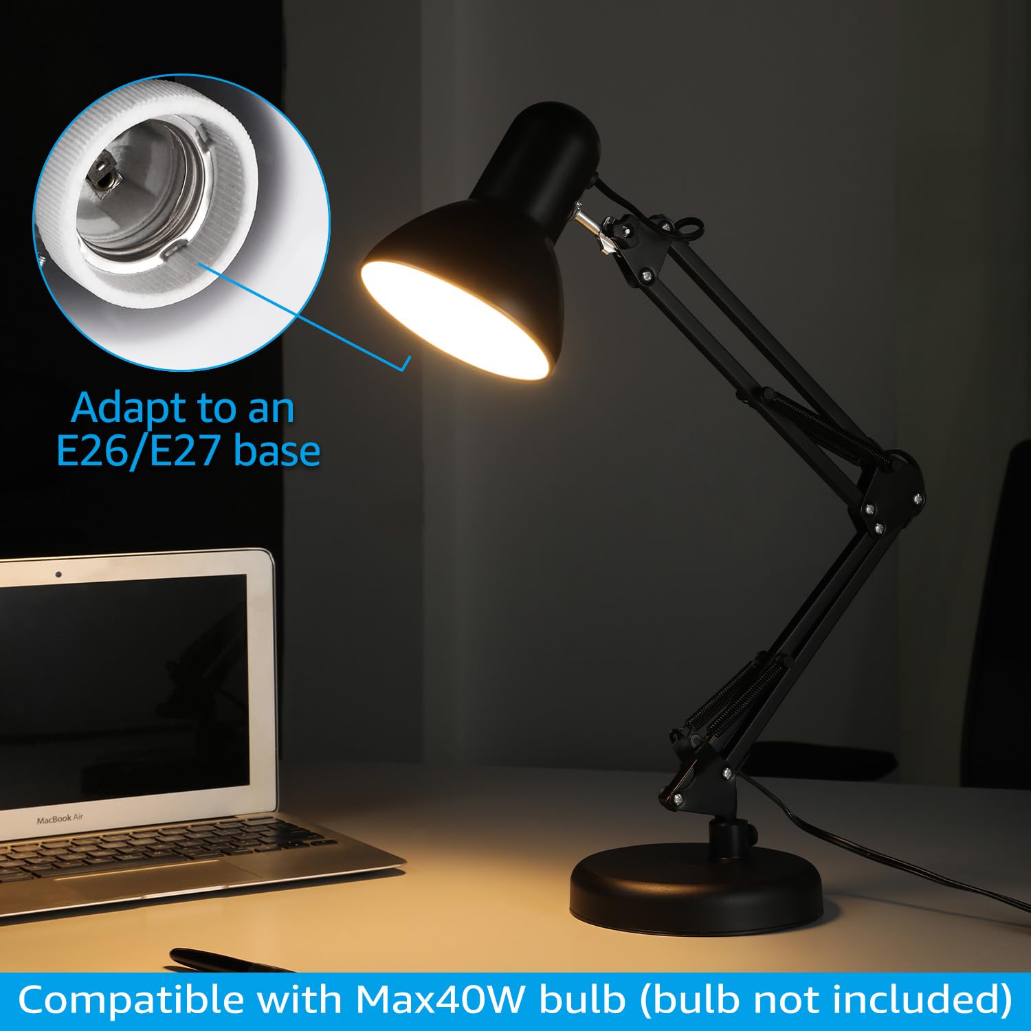 TORCHSTAR Metal Desk Lamp with Clamp, Swing Arm, Architect Adjustable Gooseneck Table Lamp, Clip Desk Lights for Home Office, Work, Study, Reading, E26 Base, Multi-Joint, Black