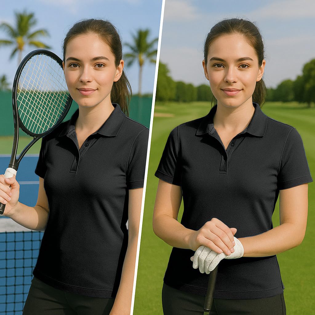 Animal Den Women's Dry-Fit Golf Polo Shirts 3-Button Golf Polo's in 20 Colors XS-3XL Shirt, Black, Medium