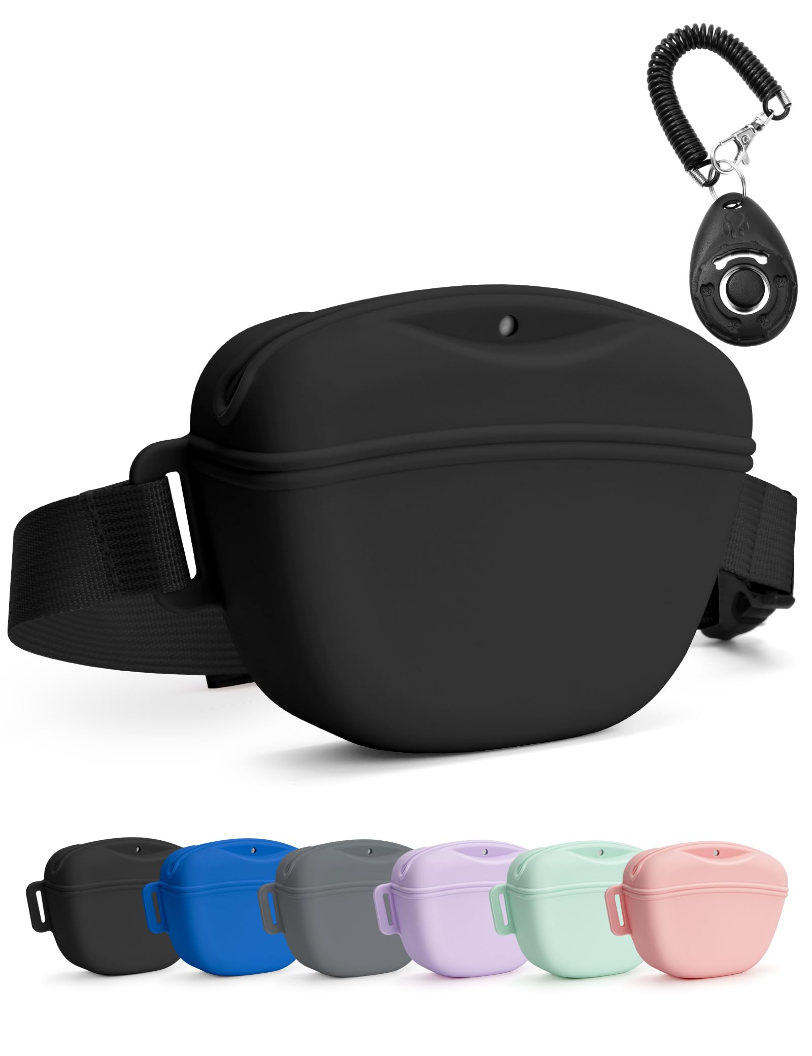 heouvo Hunde Leckerli-Beutel mit Trainings-Clicker, verbesserter, stärkerer Magnetverschluss gegen Verschütten, 400 ml Silikon-Leckerli-Tasche Bauchtasche mit Hüftgurt für Hundeerziehung und Spaziergänge (Schwarz)
