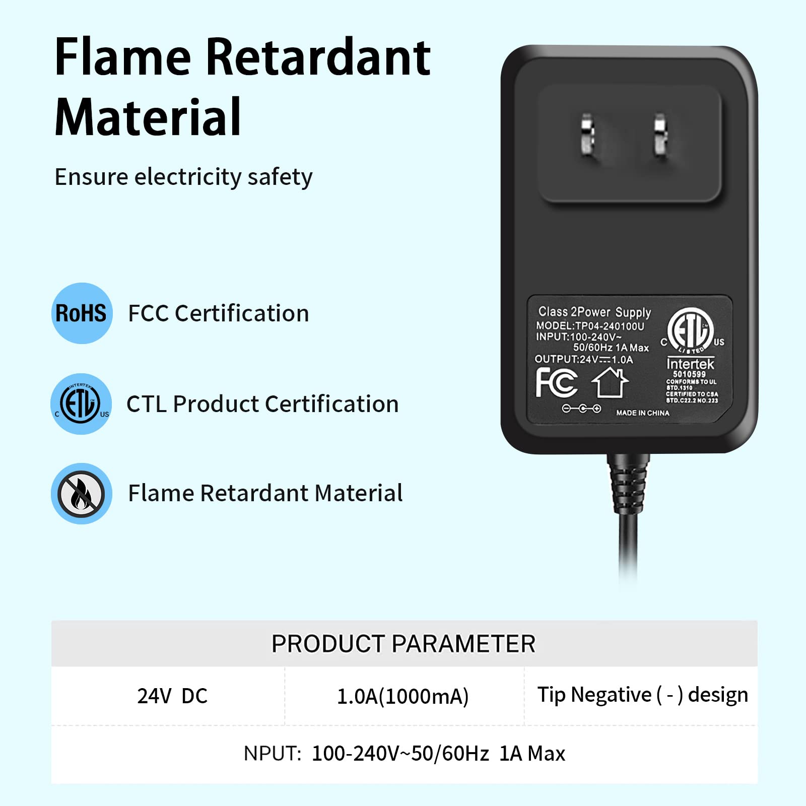 100V-240V to 24V 1A AC/DC Switching Power Supply Adapter with 5 Selectable Adapter Plugs