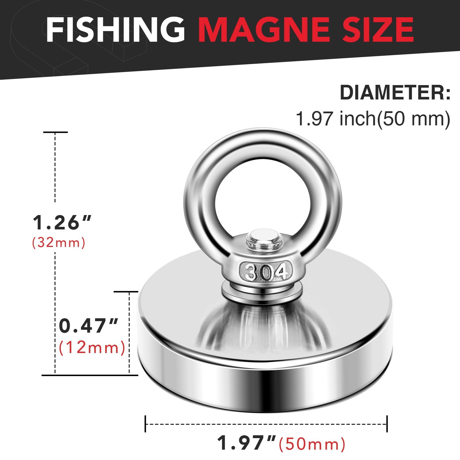 DIYMAG Strong Neodymium Fishing Magnets, 300 Lbs(136 KG) Pulling Force Rare Earth Magnet with Countersunk Hole Eyebolt Diameter 1.98 inch(50 mm) for Retrieving in River and Magnetic